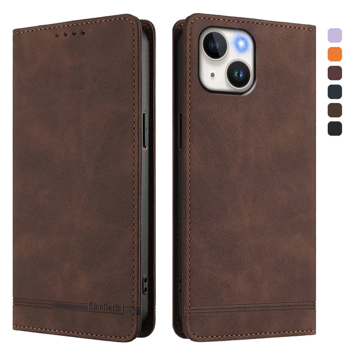 For iPhone 15 Case RINACASIS RC23 RFID Blocking Wallet Stand PU Leather Phone Cover - Brown - 1