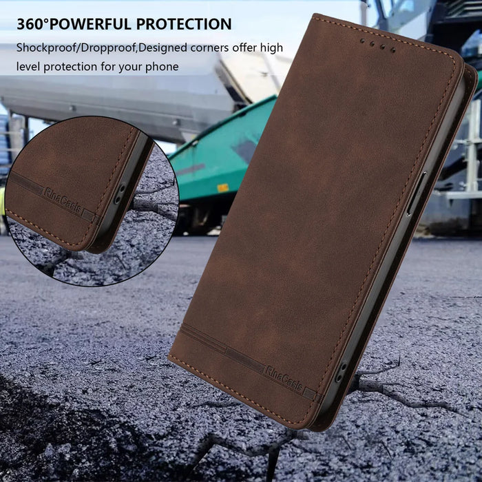 For iPhone 15 Case RINACASIS RC23 RFID Blocking Wallet Stand PU Leather Phone Cover - Brown - 7