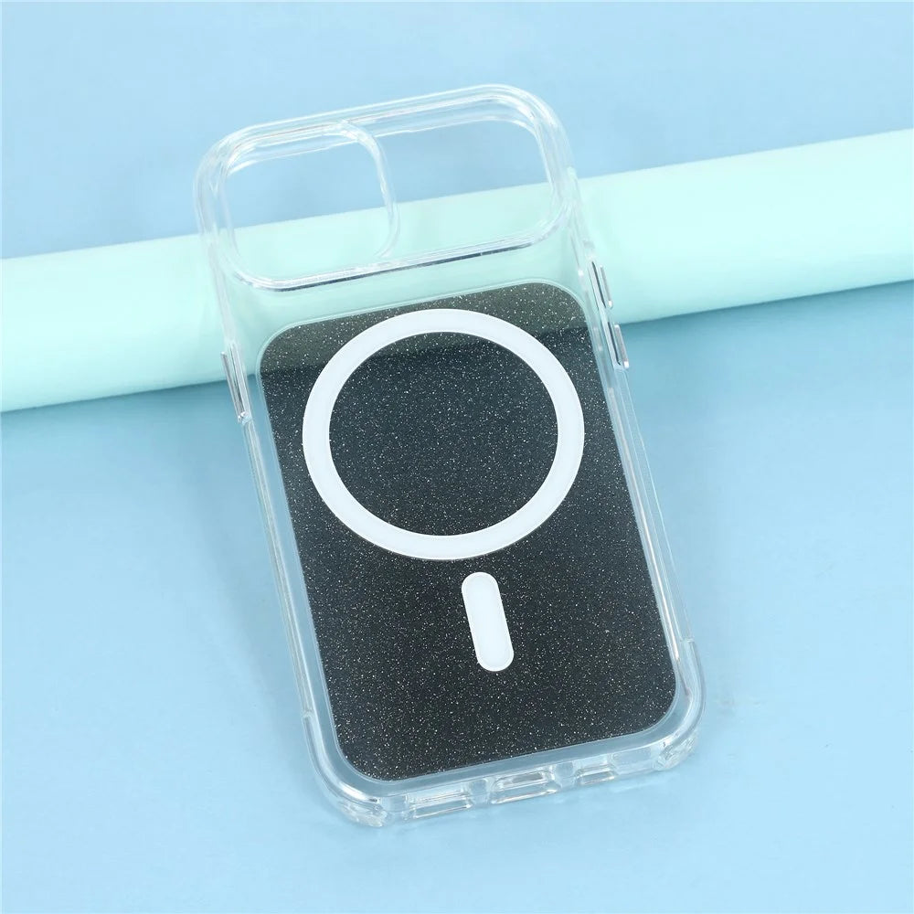 For iPhone 15 Case Compatible with MagSafe Clear Glitter Shockproof TPU Acrylic Phone Cover - Black - 6