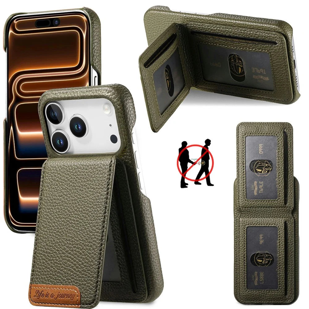 For iPhone 18 Pro / 17 Pro Case RFID Blocking Card Holder Litchi Texture Leather Back Cover - Midnight Green - 1