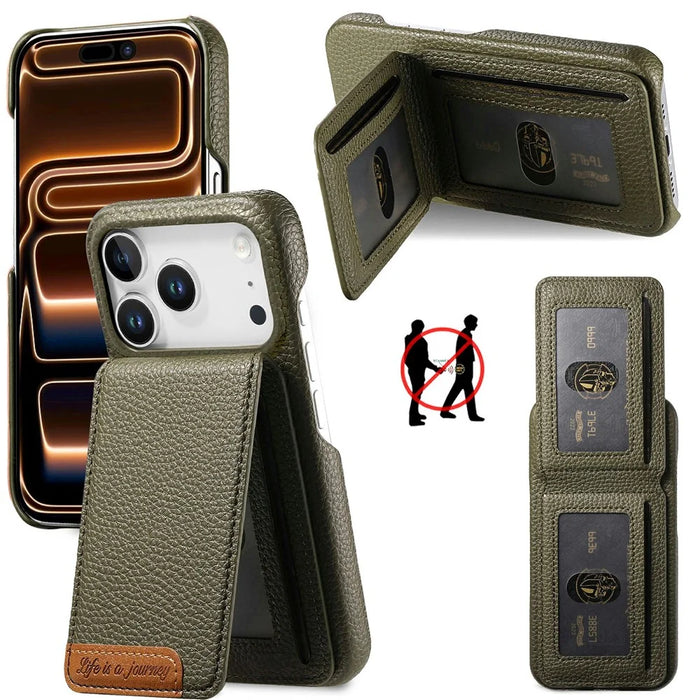 For iPhone 18 Pro / 17 Pro Case RFID Blocking Card Holder Litchi Texture Leather Back Cover - Midnight Green - 1