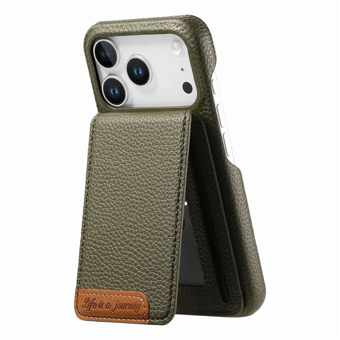 For iPhone 18 Pro / 17 Pro Case RFID Blocking Card Holder Litchi Texture Leather Back Cover - Midnight Green - 3