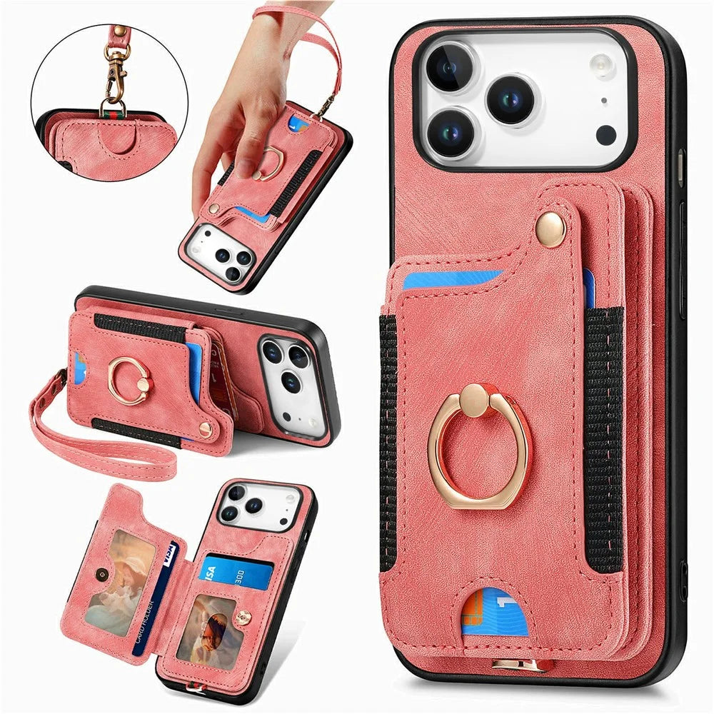 For iPhone 17 Pro Max Retro PU Leather Case Phone Cover with RFID Blocking Card Holder  /  Ring Holder - Pink - 1