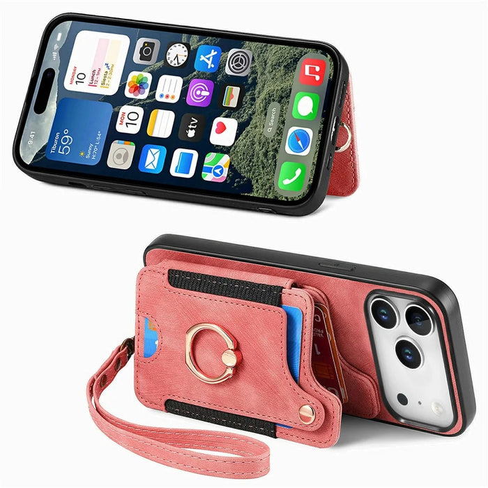 For iPhone 17 Pro Max Retro PU Leather Case Phone Cover with RFID Blocking Card Holder  /  Ring Holder - Pink - 2
