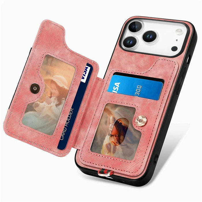 For iPhone 17 Pro Max Retro PU Leather Case Phone Cover with RFID Blocking Card Holder  /  Ring Holder - Pink - 3
