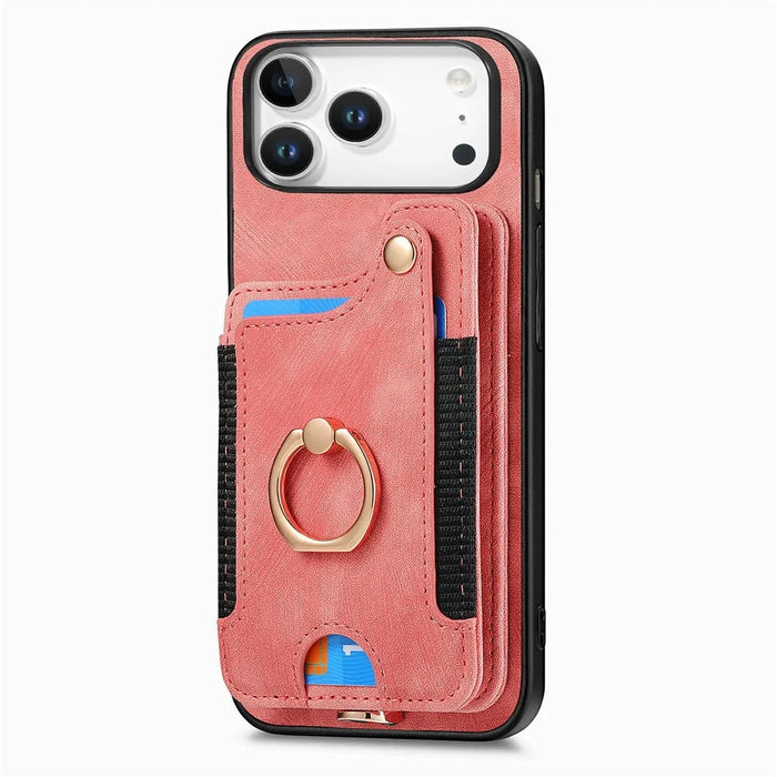 For iPhone 17 Pro Max Retro PU Leather Case Phone Cover with RFID Blocking Card Holder  /  Ring Holder - Pink - 4