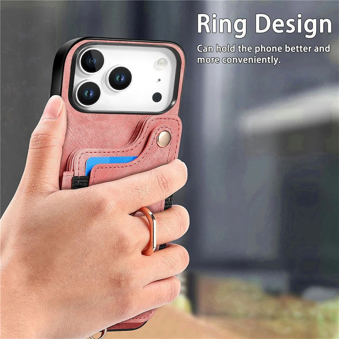 For iPhone 17 Pro Max Retro PU Leather Case Phone Cover with RFID Blocking Card Holder  /  Ring Holder - Pink - 5