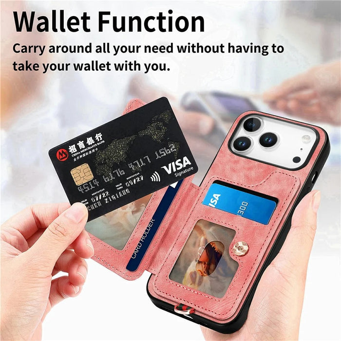 For iPhone 17 Pro Max Retro PU Leather Case Phone Cover with RFID Blocking Card Holder  /  Ring Holder - Pink - 7