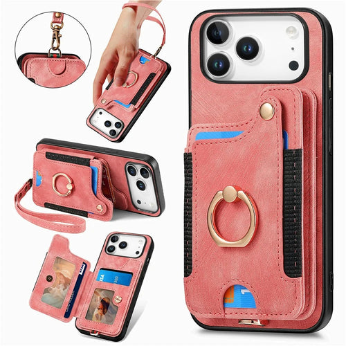 For iPhone 17 Pro Retro PU Leather Case Phone Cover with RFID Blocking Card Holder    /    Ring Holder - Pink - 1