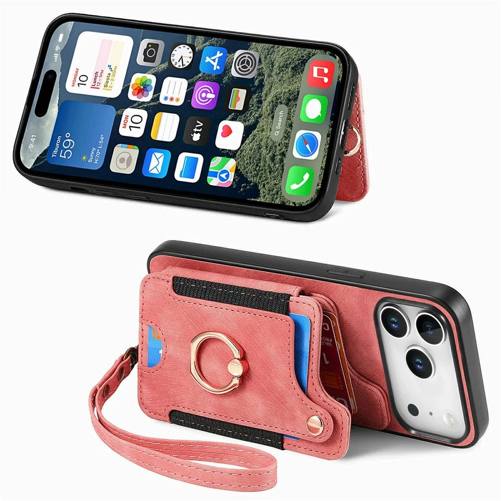 For iPhone 17 Pro Retro PU Leather Case Phone Cover with RFID Blocking Card Holder    /    Ring Holder - Pink - 2