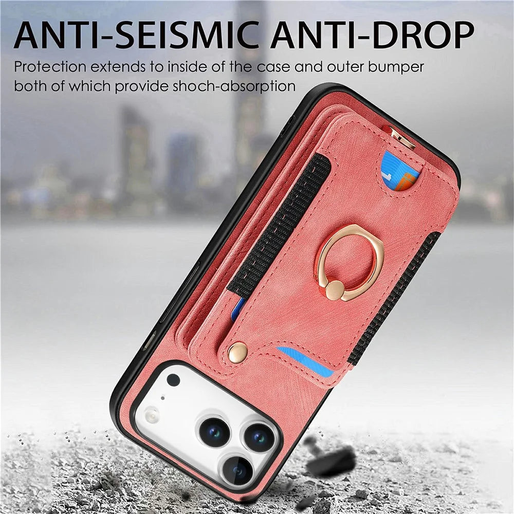 For iPhone 17 Pro Retro PU Leather Case Phone Cover with RFID Blocking Card Holder    /    Ring Holder - Pink - 6