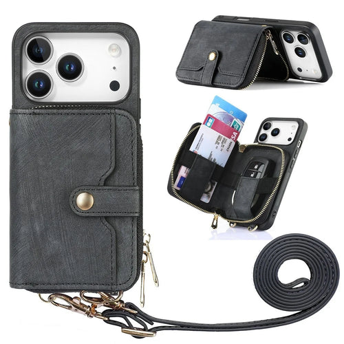 For iPhone 17 Pro Max PU Leather Phone Back Cover with Zipper Card Holder and Long Strap - Black - 1