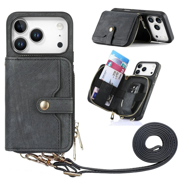 For iPhone 17 Pro Max PU Leather Phone Back Cover with Zipper Card Holder and Long Strap - Black - 1