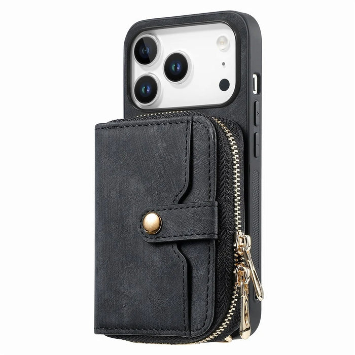 For iPhone 17 Pro Max PU Leather Phone Back Cover with Zipper Card Holder and Long Strap - Black - 2