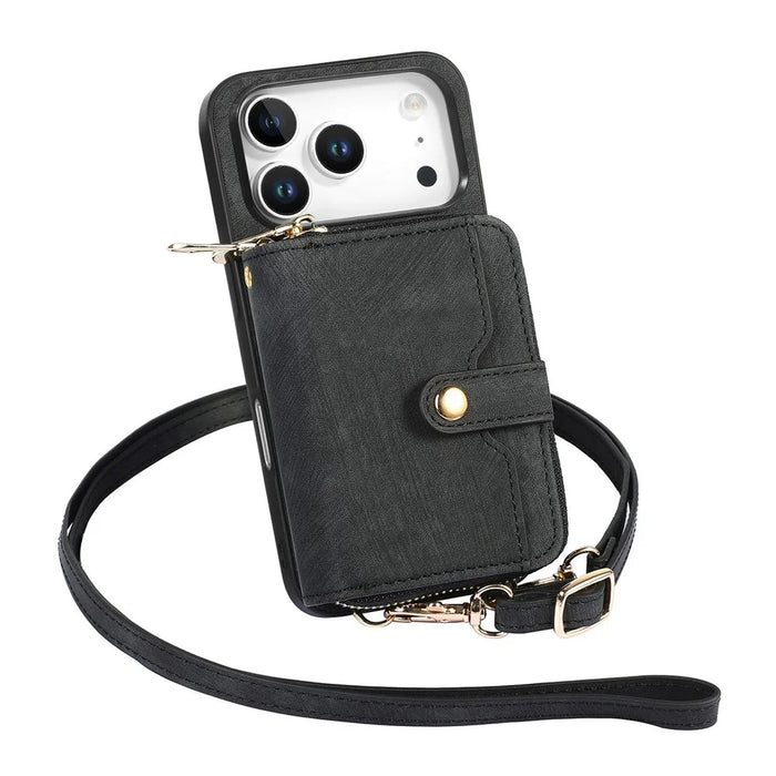 For iPhone 17 Pro Max PU Leather Phone Back Cover with Zipper Card Holder and Long Strap - Black - 3