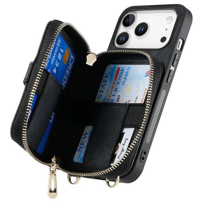 For iPhone 17 Pro Max PU Leather Phone Back Cover with Zipper Card Holder and Long Strap - Black - 4