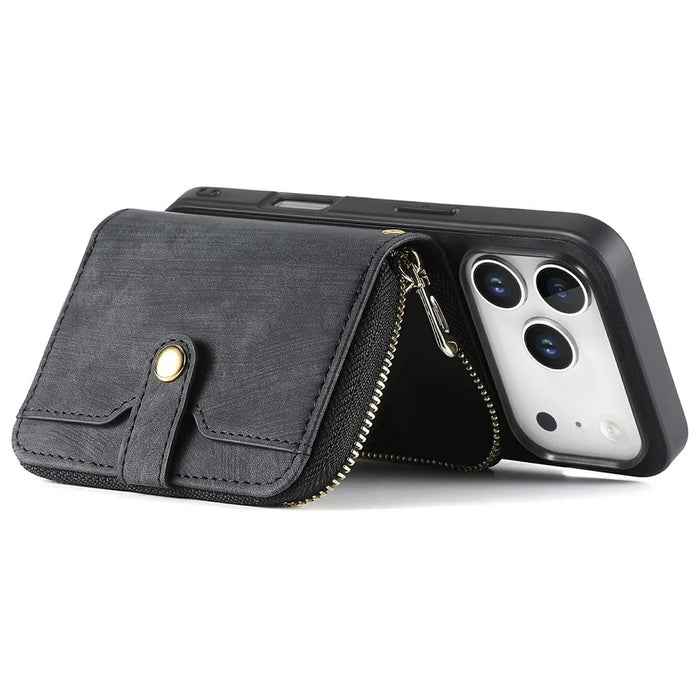 For iPhone 17 Pro Max PU Leather Phone Back Cover with Zipper Card Holder and Long Strap - Black - 6