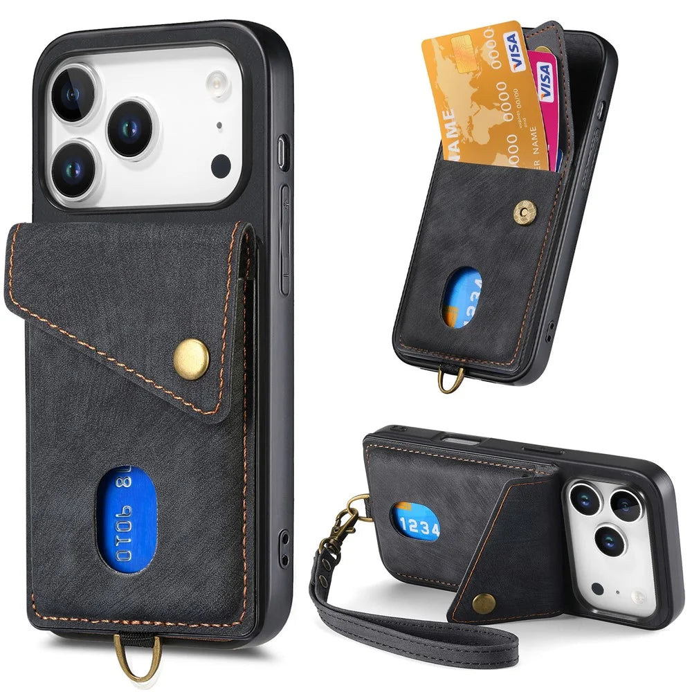 For iPhone 17 Pro Max Case with Card Holder Kickstand Leather Phone Back Cover - Black - 1