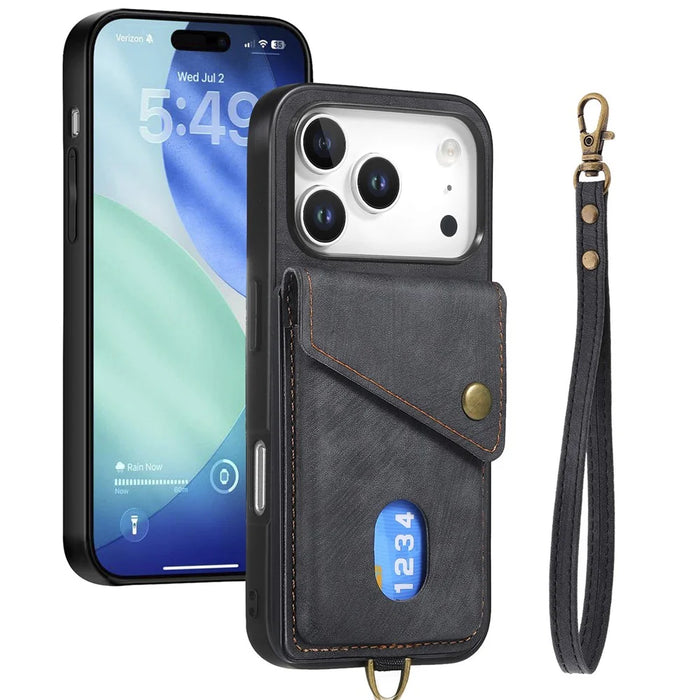For iPhone 17 Pro Max Case with Card Holder Kickstand Leather Phone Back Cover - Black - 2