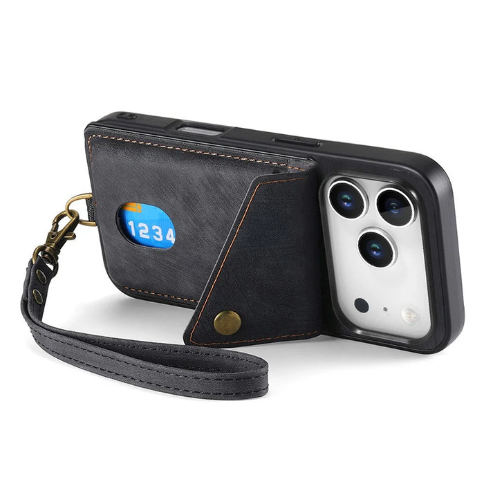 For iPhone 17 Pro Max Case with Card Holder Kickstand Leather Phone Back Cover - Black - 4