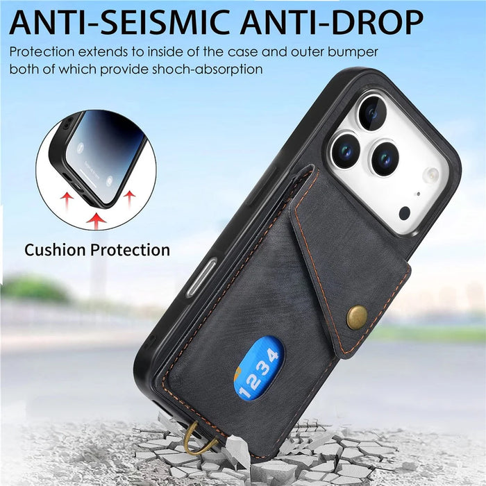 For iPhone 17 Pro Max Case with Card Holder Kickstand Leather Phone Back Cover - Black - 5