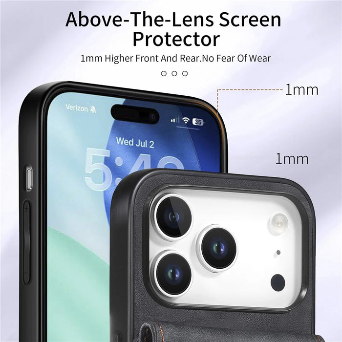 For iPhone 17 Pro Max Case with Card Holder Kickstand Leather Phone Back Cover - Black - 6