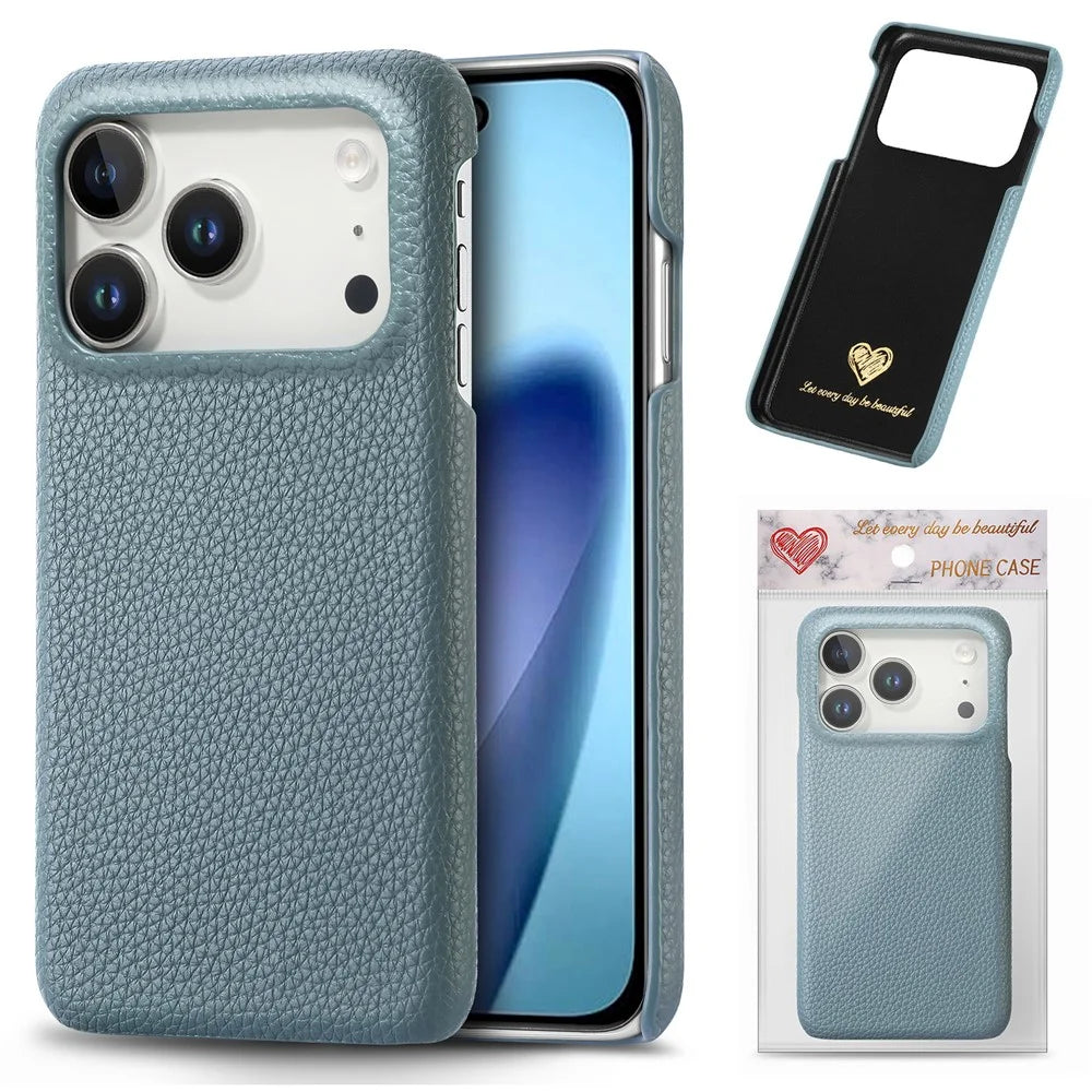 For iPhone 17 Pro Case Litchi Texture Leather Coated PC Mobile Back Cover - Baby Blue - 3