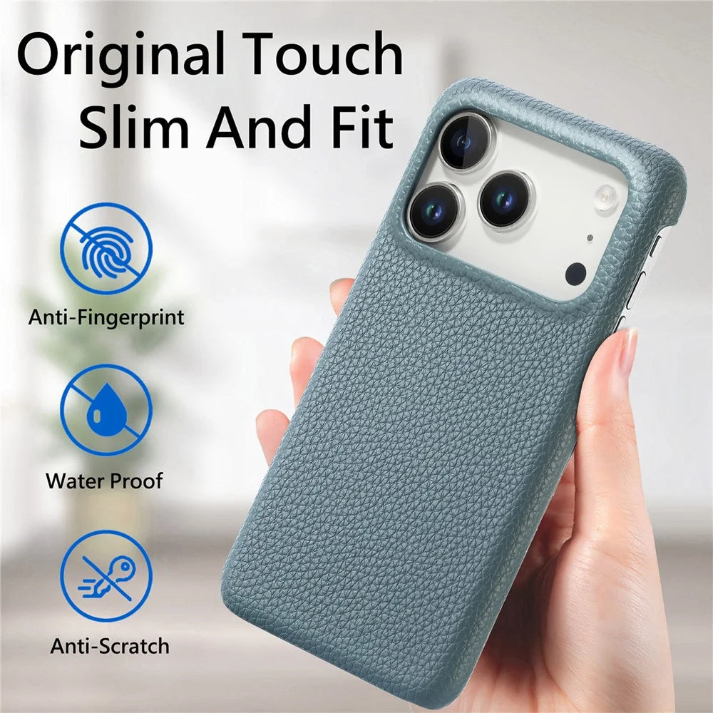 For iPhone 17 Pro Case Litchi Texture Leather Coated PC Mobile Back Cover - Baby Blue - 6