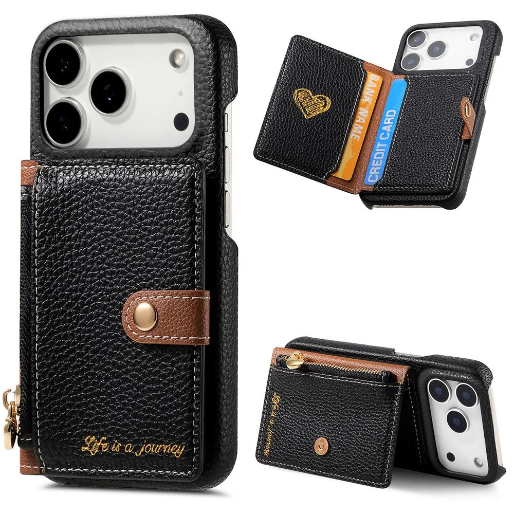 For iPhone 17 Pro Max Case with Zipper Card Holder Kickstand Litchi Grain Leather Back Cover - Black - 1
