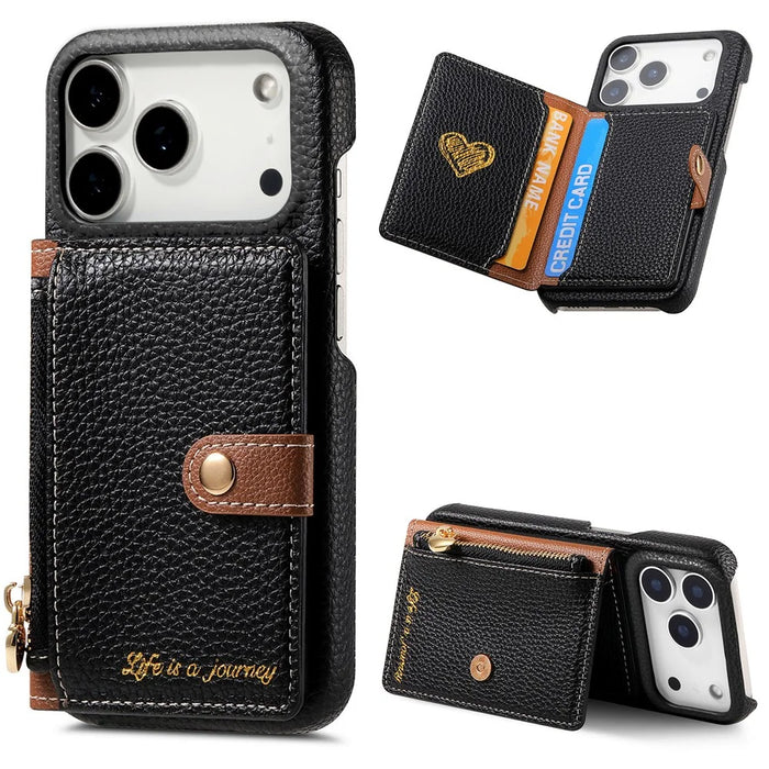 For iPhone 17 Pro Max Case with Zipper Card Holder Kickstand Litchi Grain Leather Back Cover - Black - 1