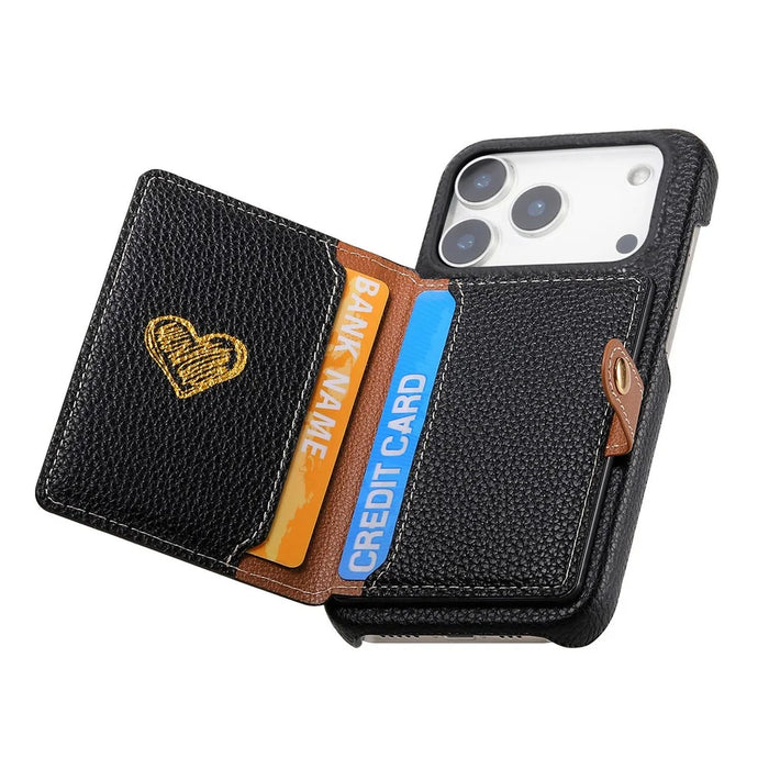 For iPhone 17 Pro Max Case with Zipper Card Holder Kickstand Litchi Grain Leather Back Cover - Black - 2