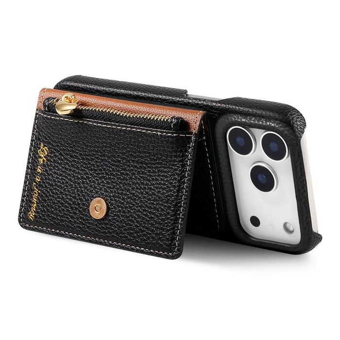 For iPhone 17 Pro Max Case with Zipper Card Holder Kickstand Litchi Grain Leather Back Cover - Black - 3