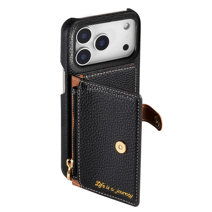 For iPhone 17 Pro Max Case with Zipper Card Holder Kickstand Litchi Grain Leather Back Cover - Black - 4