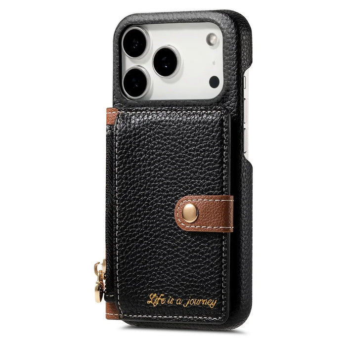 For iPhone 17 Pro Max Case with Zipper Card Holder Kickstand Litchi Grain Leather Back Cover - Black - 5