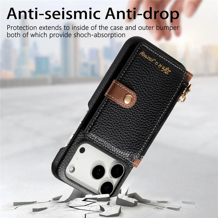 For iPhone 17 Pro Max Case with Zipper Card Holder Kickstand Litchi Grain Leather Back Cover - Black - 6