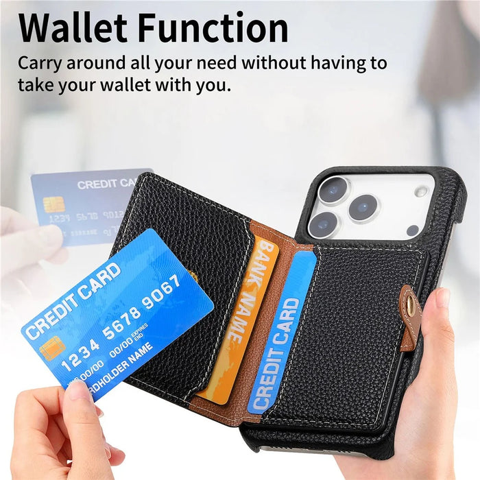 For iPhone 17 Pro Max Case with Zipper Card Holder Kickstand Litchi Grain Leather Back Cover - Black - 7