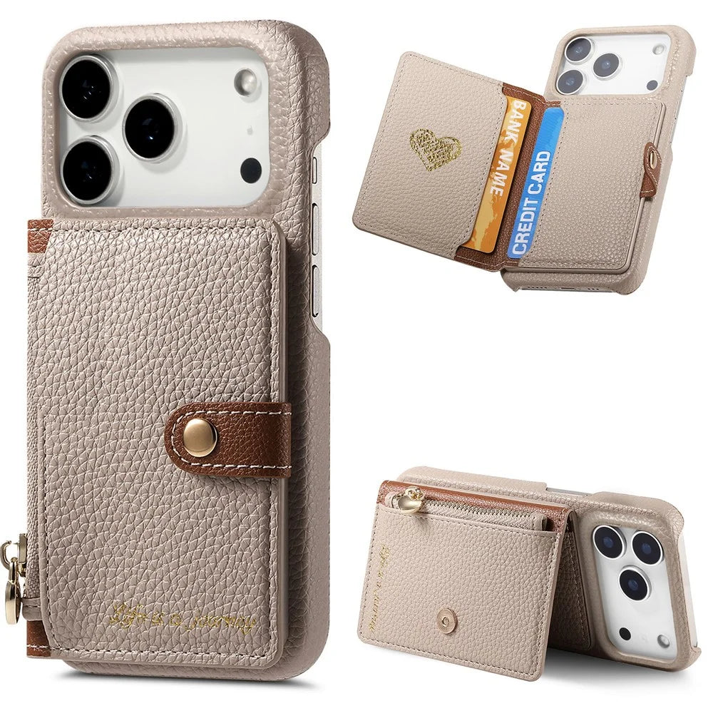 For iPhone 17 Pro Case with Zipper Card Holder Kickstand Litchi Grain Leather Back Cover - Khaki - 1