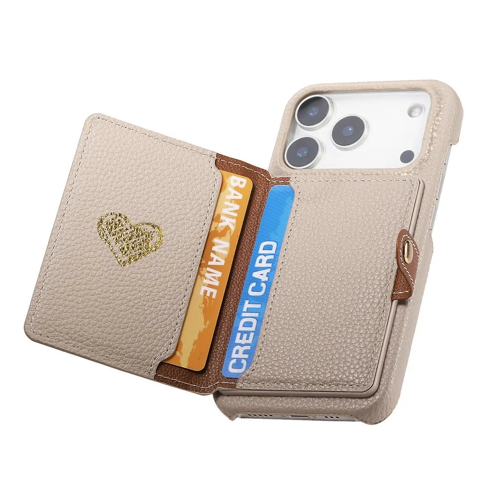 For iPhone 17 Pro Case with Zipper Card Holder Kickstand Litchi Grain Leather Back Cover - Khaki - 2
