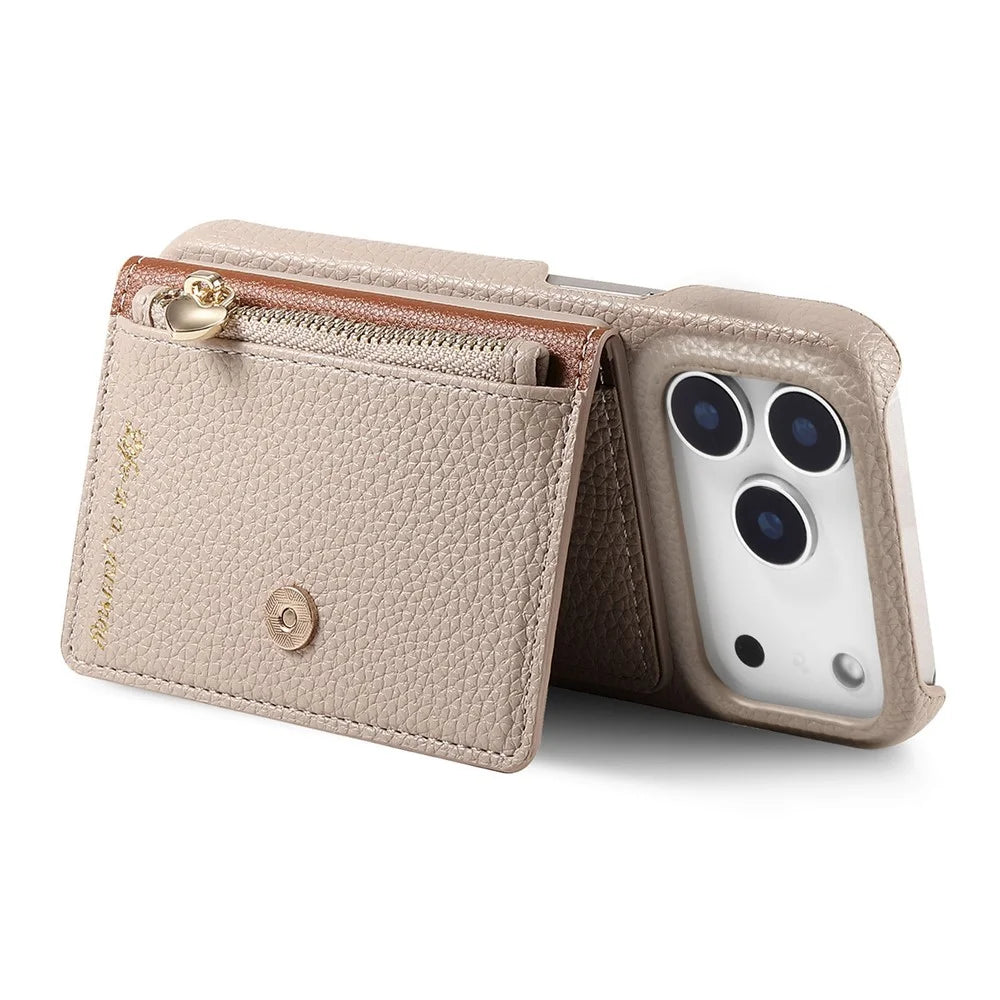 For iPhone 17 Pro Case with Zipper Card Holder Kickstand Litchi Grain Leather Back Cover - Khaki - 3