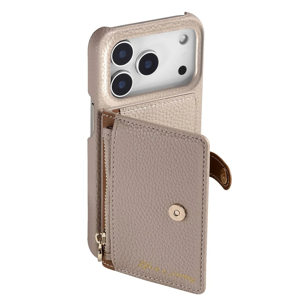For iPhone 17 Pro Case with Zipper Card Holder Kickstand Litchi Grain Leather Back Cover - Khaki - 4