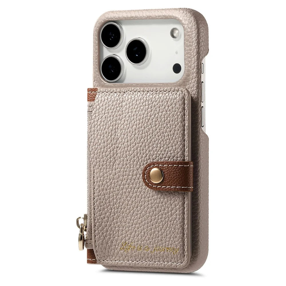 For iPhone 17 Pro Case with Zipper Card Holder Kickstand Litchi Grain Leather Back Cover - Khaki - 5