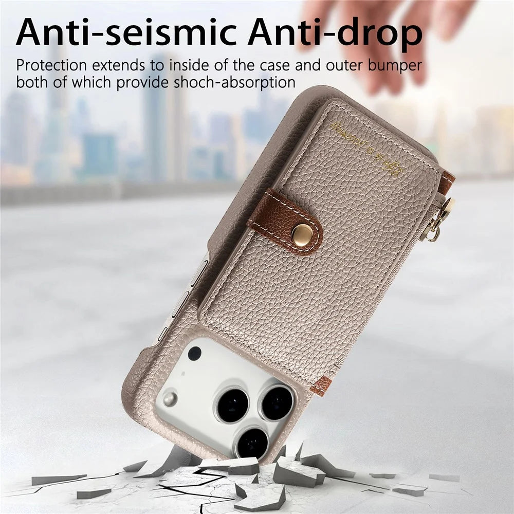 For iPhone 17 Pro Case with Zipper Card Holder Kickstand Litchi Grain Leather Back Cover - Khaki - 6