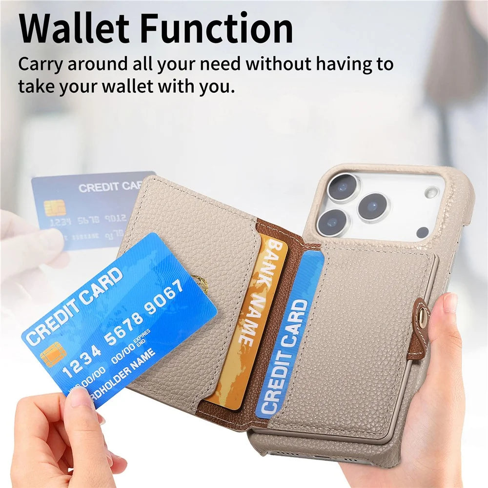 For iPhone 17 Pro Case with Zipper Card Holder Kickstand Litchi Grain Leather Back Cover - Khaki - 7