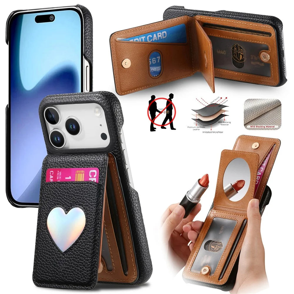 For iPhone 17 Pro Max Case with Mirror Card Holder RFID Blocking Litchi Texture PU PC Phone Back Cover - Black - 1