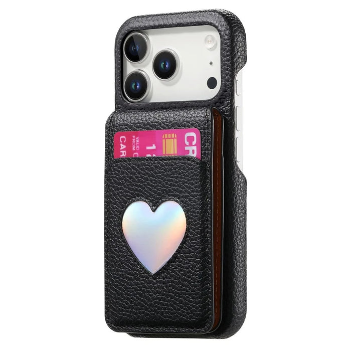 For iPhone 17 Pro Max Case with Mirror Card Holder RFID Blocking Litchi Texture PU PC Phone Back Cover - Black - 2