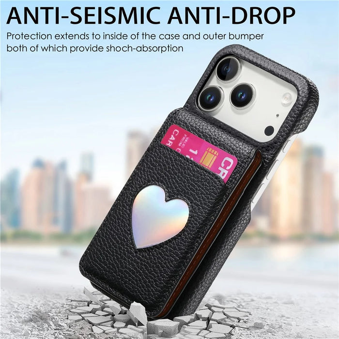 For iPhone 17 Pro Max Case with Mirror Card Holder RFID Blocking Litchi Texture PU PC Phone Back Cover - Black - 5