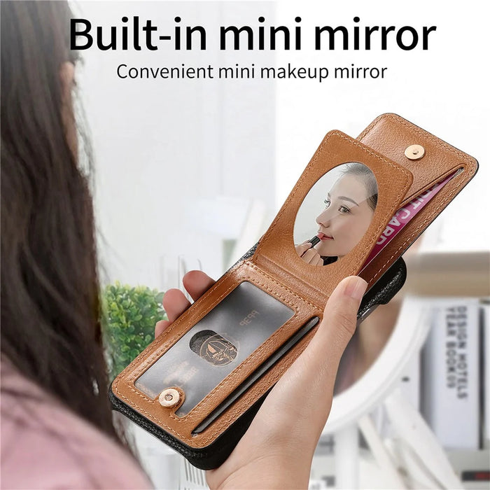 For iPhone 17 Pro Max Case with Mirror Card Holder RFID Blocking Litchi Texture PU PC Phone Back Cover - Black - 6