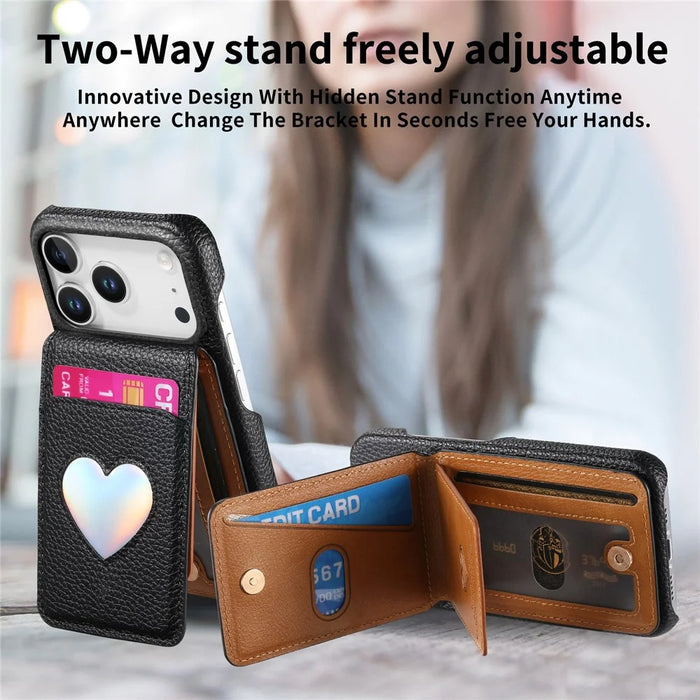 For iPhone 17 Pro Max Case with Mirror Card Holder RFID Blocking Litchi Texture PU PC Phone Back Cover - Black - 7