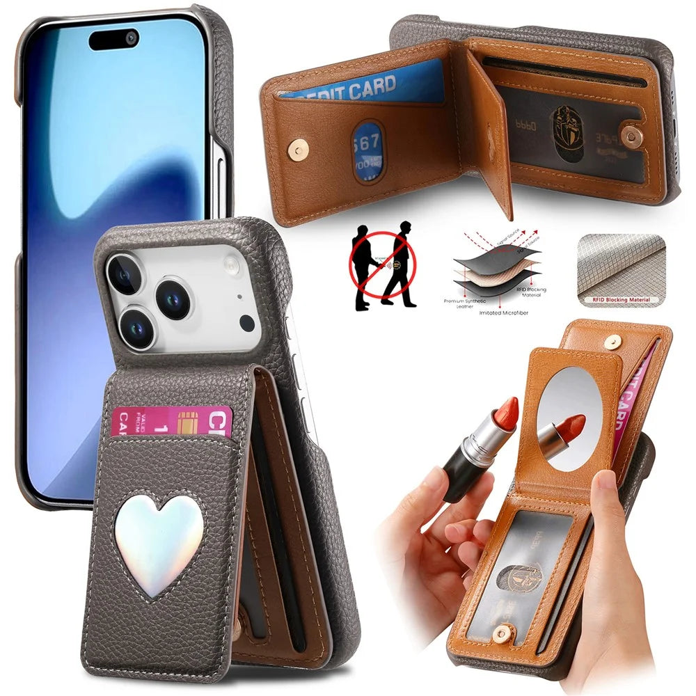 For iPhone 17 Pro Case with Mirror Card Holder RFID Blocking Litchi Texture PU PC Phone Back Cover - Grey - 1