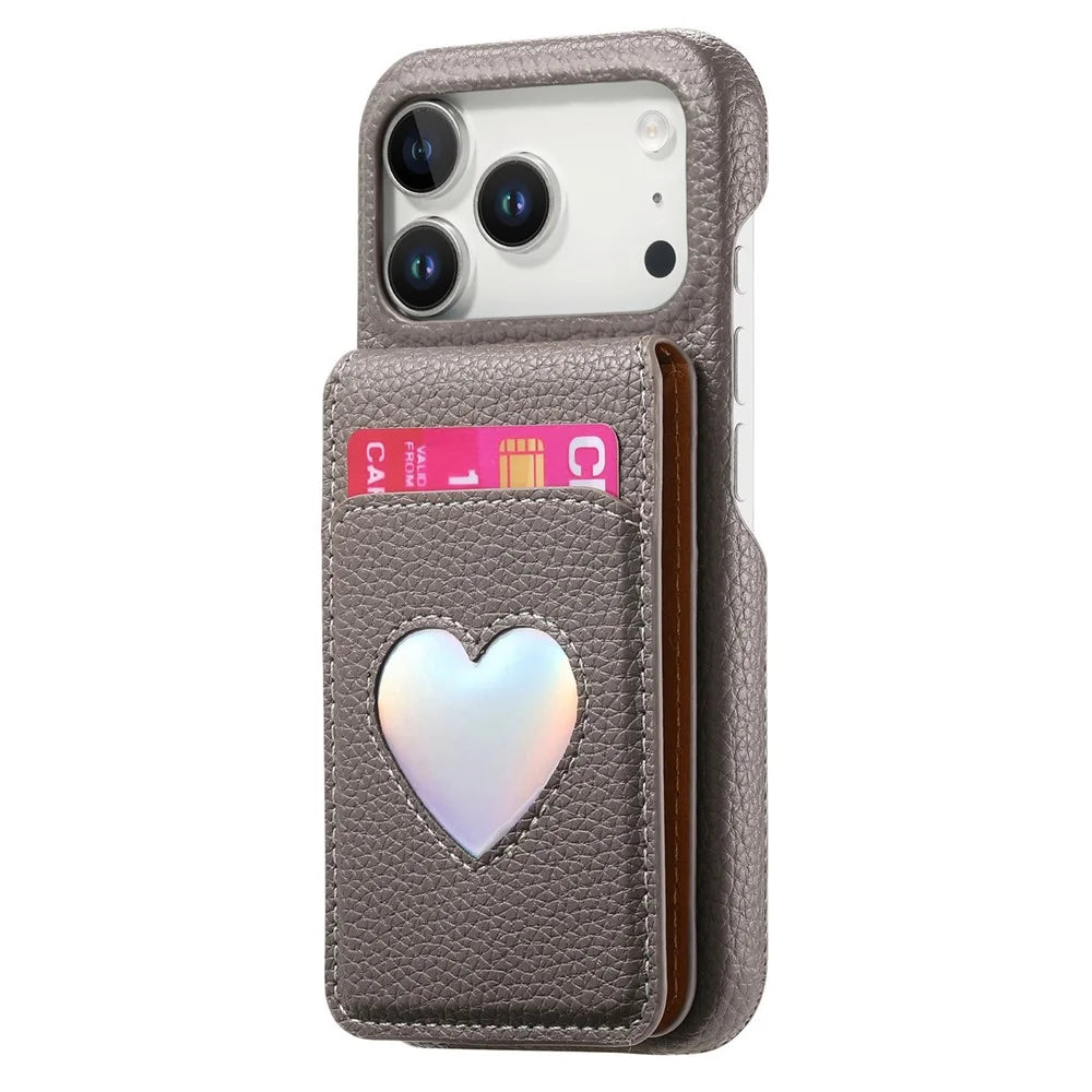 For iPhone 17 Pro Case with Mirror Card Holder RFID Blocking Litchi Texture PU PC Phone Back Cover - Grey - 2